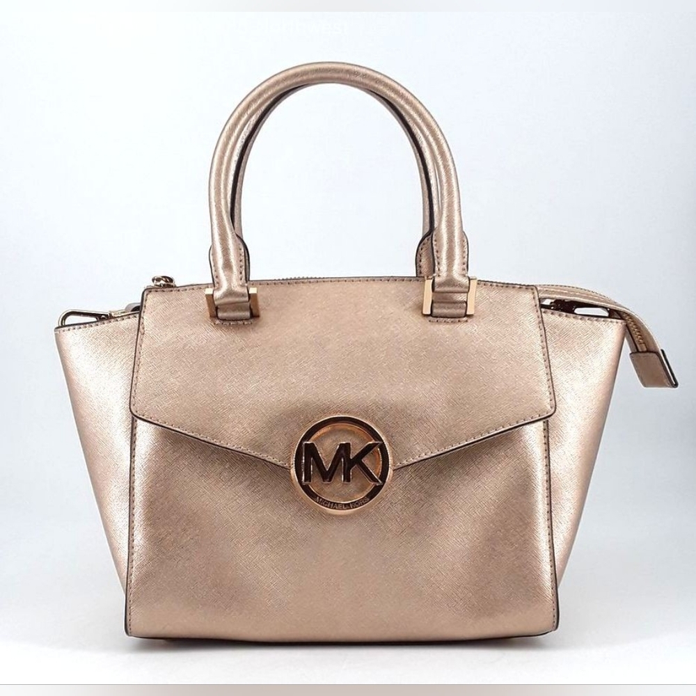 NEW MICHAEL Kors MK Hudson Metallic Gold Saffiano Leather Satchel Purse Bag